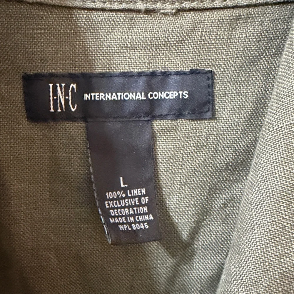 INC Linen Olive Green Women's Jacket - Peplum Waist - Large EUC Safari Style